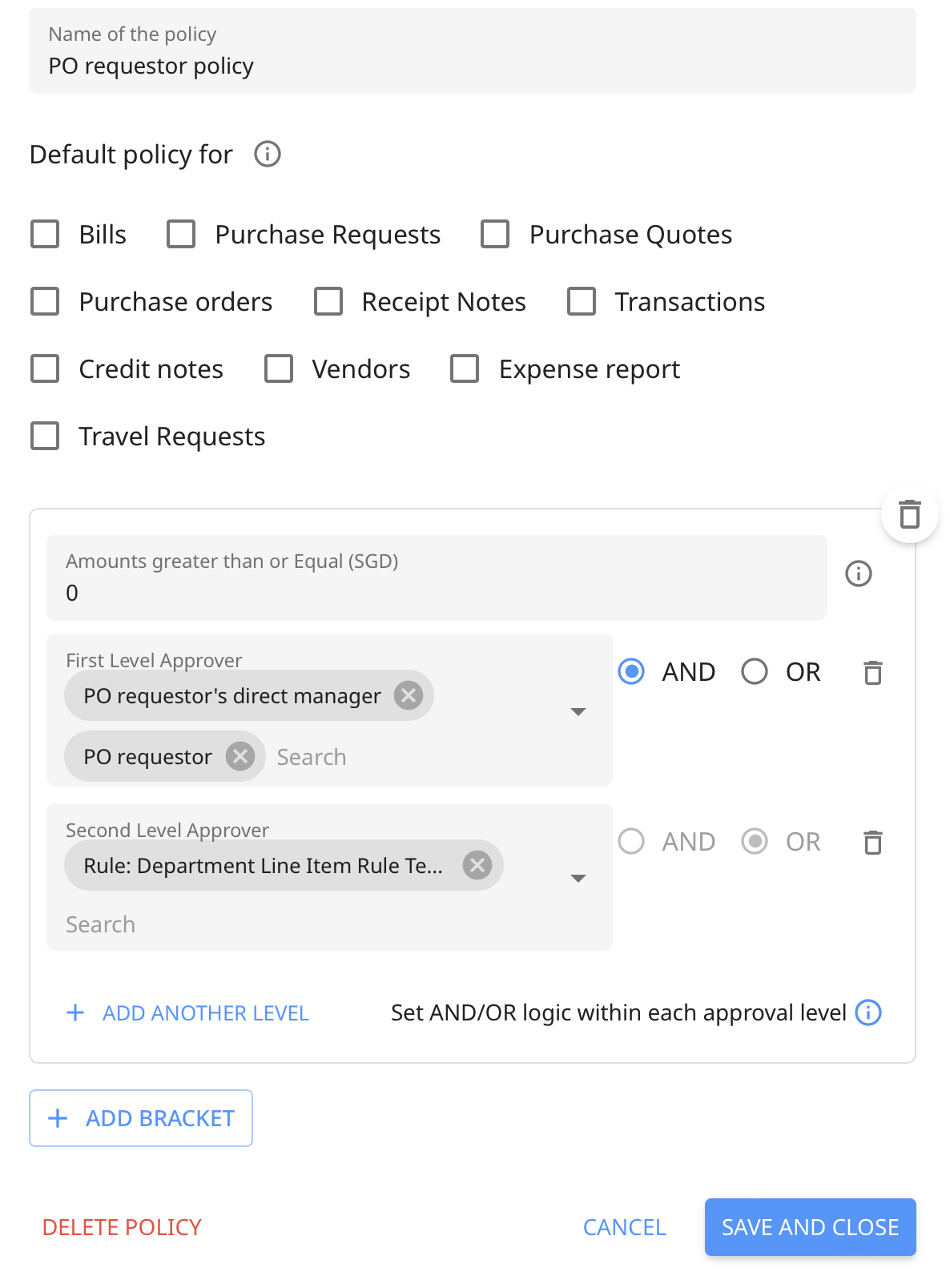 How to add PO requestor to the approval policy for bill?