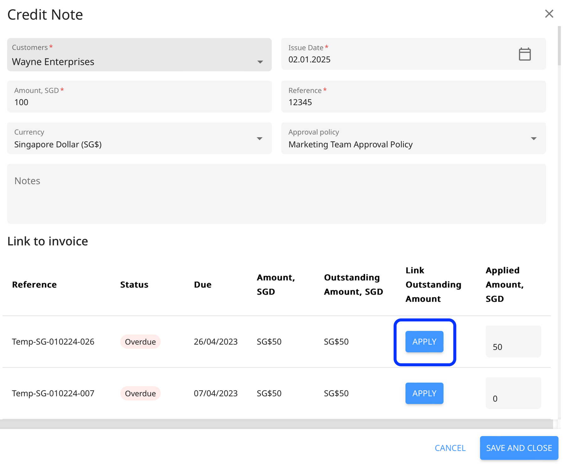 How to create credit notes for accounts receivable and link to invoices?