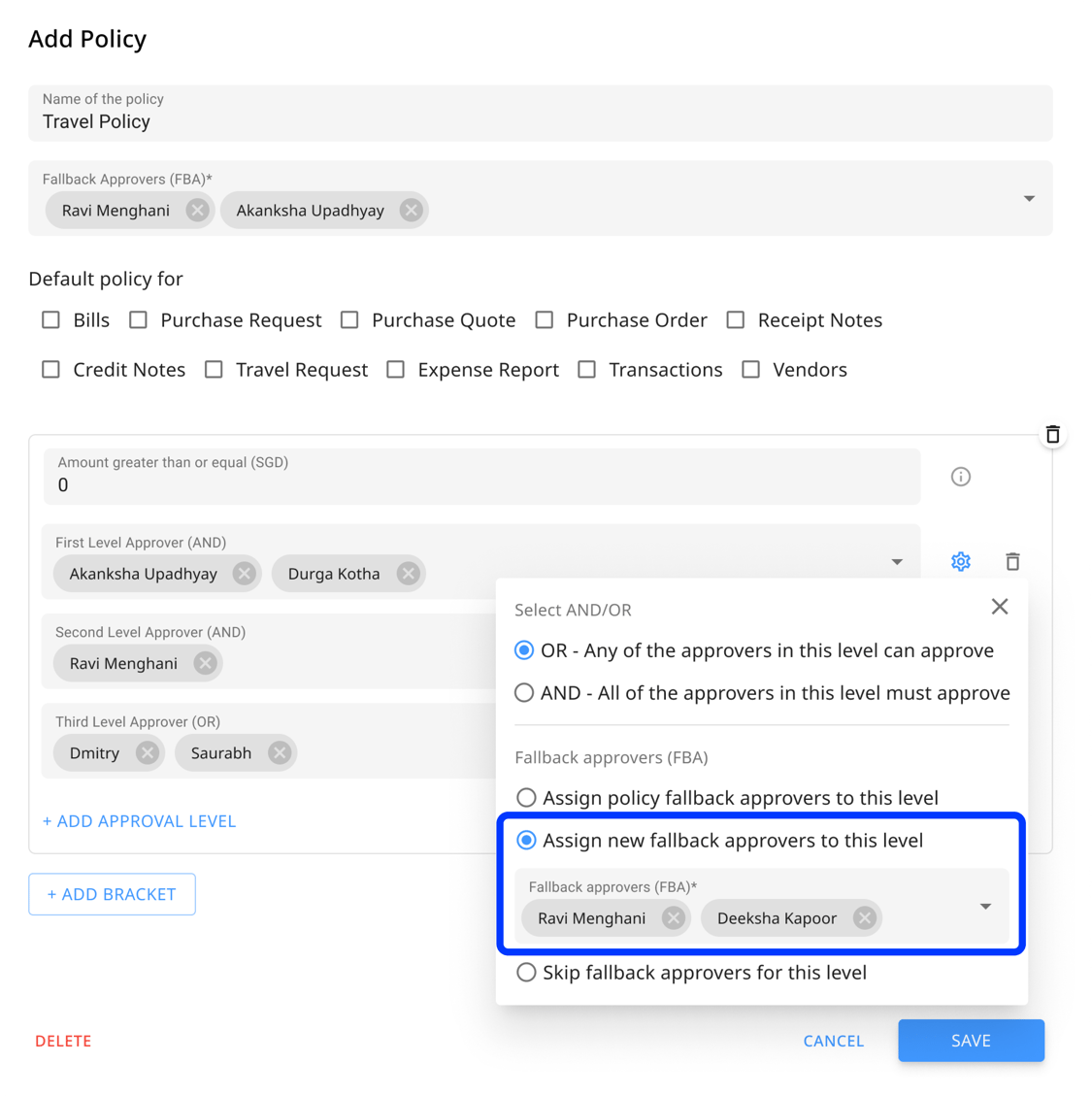 Who is a fallback approver and how to add them to approval policies?